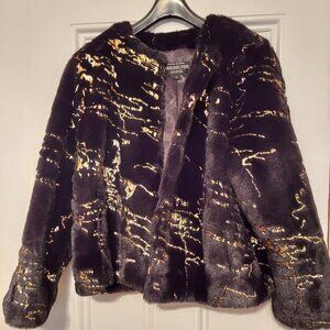 NEW! Donna Salyers Fabulous Furs Black & Gold Faux Fur Jacket size XL